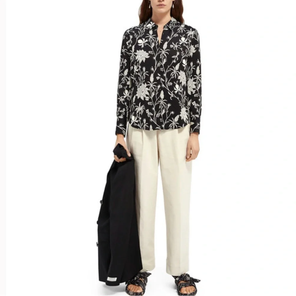 NWOT Scotch & Soda Floral Button Down Shirt Black Collared - Picture 3 of 11